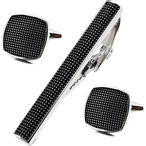 Square Black Enamel Man Shirt Cuff Links and Tie Bar Clips Set for Business Accessories Best Gift for Man