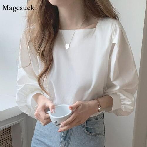 2021 Korean Square Collar Women Blouses Long Sleeve Vintage Loose Shirts For Women White Clothing Female Fashion New Tops 13958