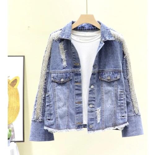 Women Jeans Jackets Fad Spring Autumn Tassel Casual Splice Short Loose Denim Tops Female Vintage Cowboy Outwear Vetement Femme