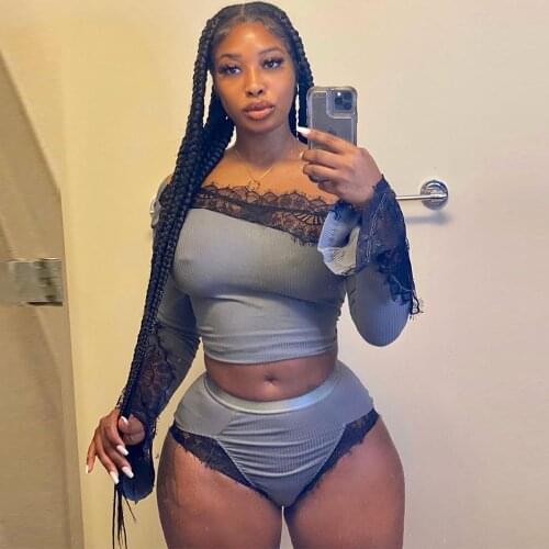 Black Lace Patchwork Two Piece Club Outfits for Women Slash Neck Flare Sleeve Crop Tops and Ribbed Knitted Short Female Suits