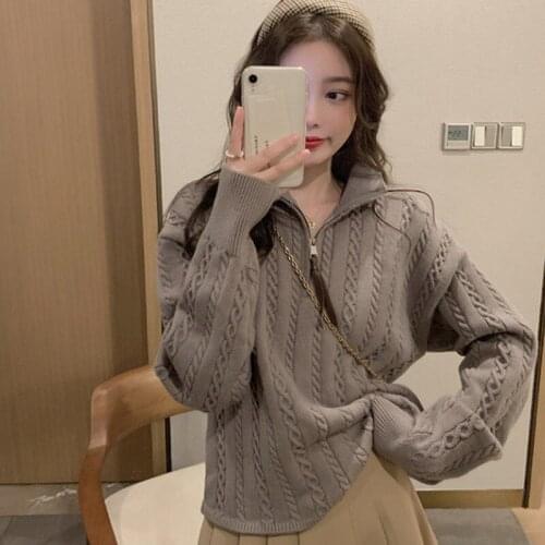 2021 New Autumn Winter Female Fashion Casual Top Cardigan Spiral Stripes Polo Neck Zipper Pullover Gray White Green Sweaters