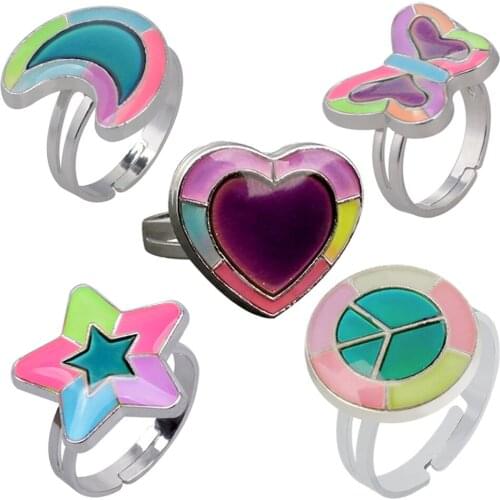 BUDROVKY Luminous Heart Love Butterfly Moon Five-pointed Star Warm Mood Color Ring Adjustable for Women Jewelry