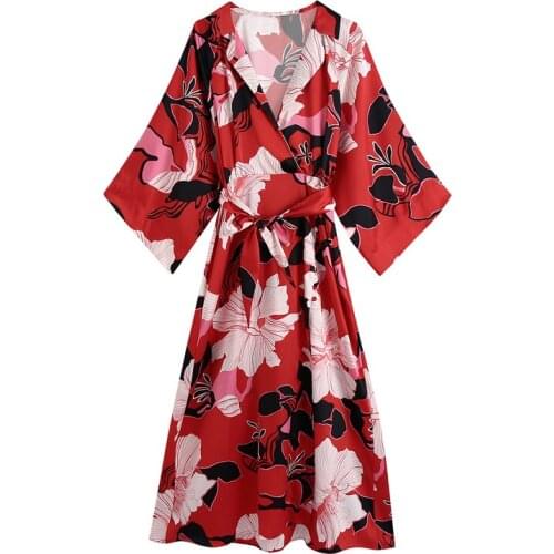 Ladies casual with belt floral print midi dress Vintage v-neck Three quarter sleeves womens clothing covered buttons dresses
