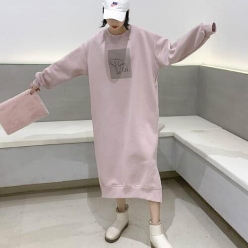 Korean Sweatshirt Dress Women Casual Slit Long Straight Dresses Loose O-Neck Long Sleeve Print Pink Clothing Lady Autumn Winter