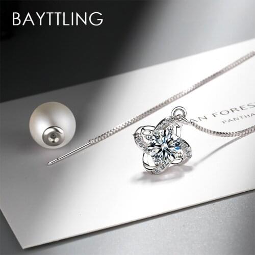 BAYTTLING 925 Sterling Silver Elegant Round Pearl Long Tassel Zircon Drop Earrings For Women Fashion Wedding Jewelry Gifts