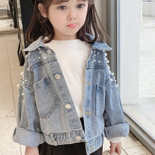 2021 Spring Autumn Coats and Outerwear Pearl Decoration Denim Coat for Kids Turn-Down Collar Short Jacket Fashion Jeans Coat
