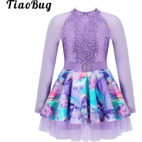 Kids Girls Shiny Sequins Ballet Tutu Dress Gymnastics Ballerina Long Sleeves Dance Leotard Girls Latin Lyrical Dance Costumes