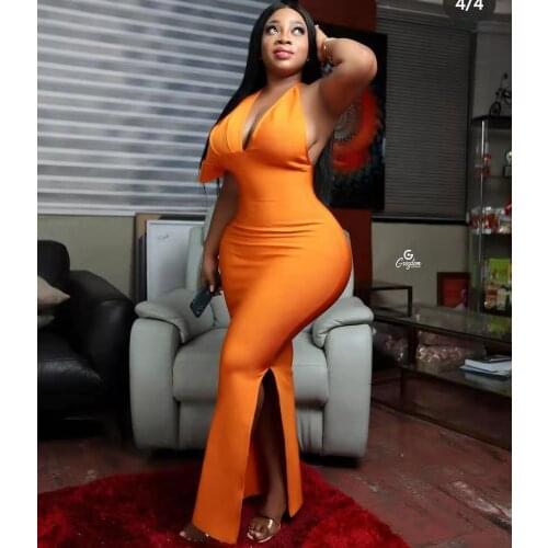 High Quality Orange V-neck One Shoulder Long Elegant Rayon Bandage Dress Evening Party Bodycon Dress