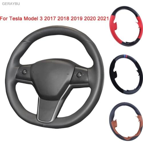 GERAYBU Custom DIY Black Artificial Leather Hand-sewn Car Steering Wheel Cover For Tesla Model 3 2017 2018 2019 2020 2021