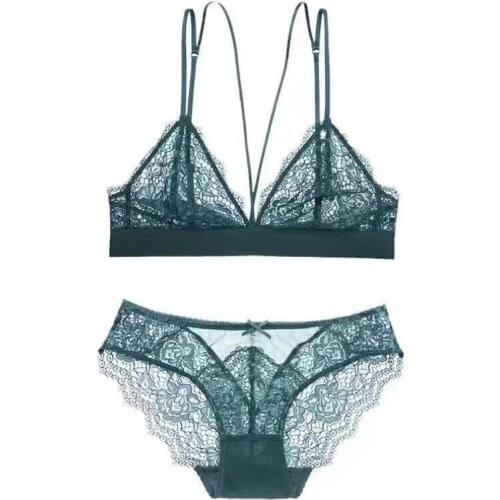 Hollow Out Lace Bralette Set Transparent Bra Wire Free Unlined Underwear Women Sexy Lingerie Spaghetti Straps