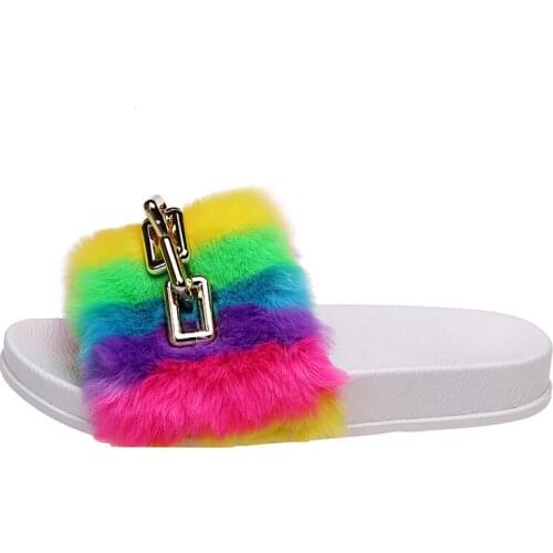 Summer New Style Color Plush Slippers Fashion Metal Chain Flat Sandals Open Toe Outdoor Leisure Plus Size