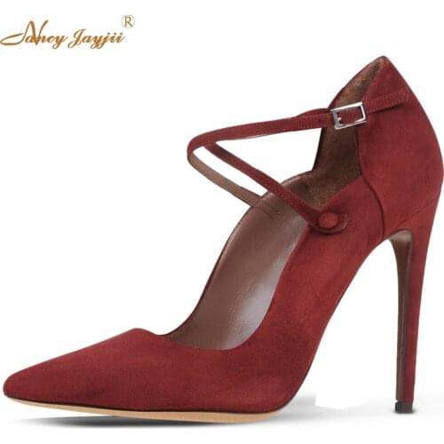 Nancyjayjii Wine Suede Crossed Point Toe Ankle Strap High Heels Pumps Shoes Woman Dress&Party&Casual Summer, Large size 5-14