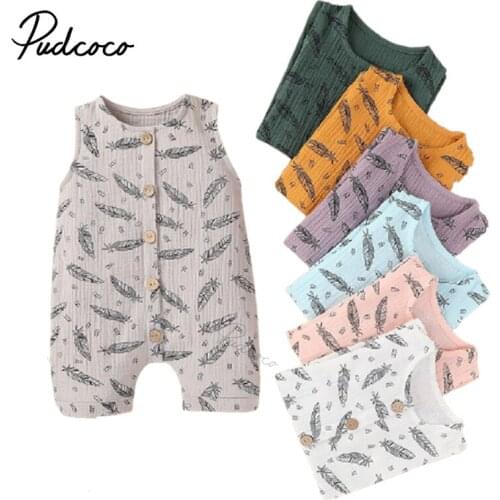 Newborn Baby Fashion Feather Print Romper Cotton Linen Jumpsuits Stylish Sleeveless Romper for Kids Boys Girls New Style 2021