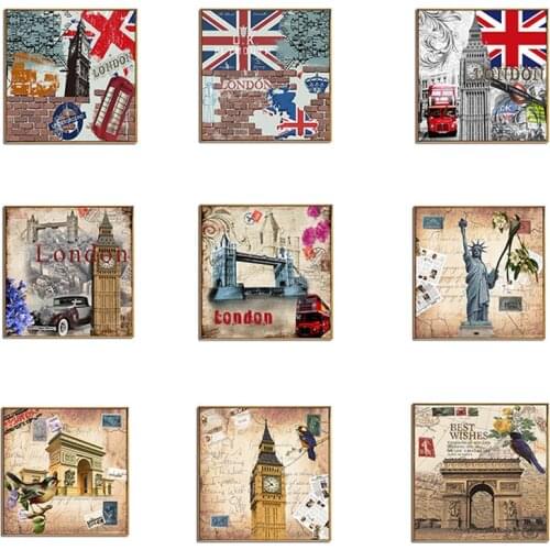 European Canvas Print Poster Home Decor Landscape City View Painting in London & Paris,Big Ben,Red Bus Telephone Booth Wall Art