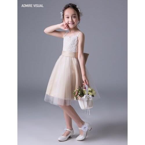 Flower Girl Dresses A-Line Lace Knee-Length Princess Sleeveless Champagne With Bow Wedding Party Dress First Communion