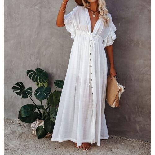 Cotton Solid Beach Cover Up Summer Casual Dress V-Neck Robe Kaftan Summer Butterfly Sleeve Loose Bohemian Maxi Dress For Women