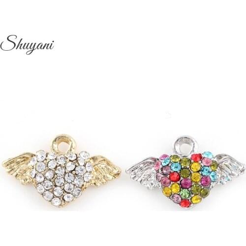12*19mm DIY Charms Pendant Colorful Crystal Heart Wings Charms Dangle Metal Alloy Pendant Fits DIY Bracelet Jewelry Making