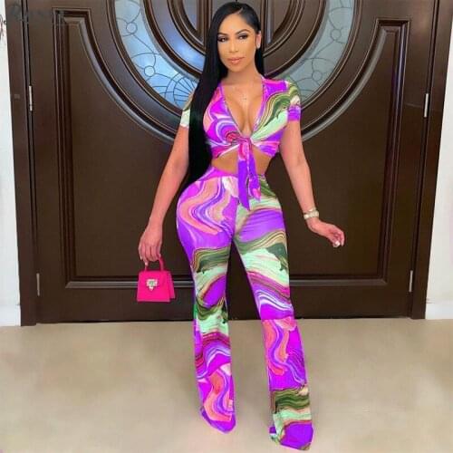 RMSFE 2021 Urban Fashion Sexy Short Sleeves With Deep V Belt Hollow-out Clothes +Bright Color Print Slacks 2-piece Swimsuit