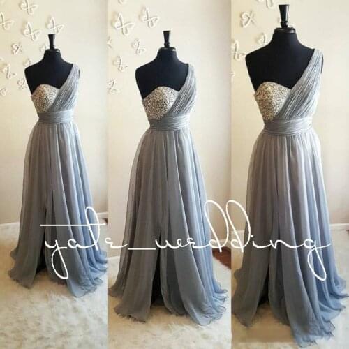 Silver Gray One Shoulder Bridesmaid Dresses Crystal Beaded Pleated Chiffon Floor Length Flowy Purple Wedding Guest Dresses