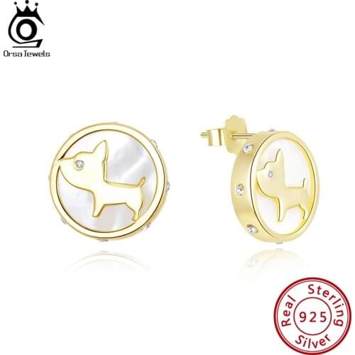 ORSA JEWELS 14mm Puppy Stud Earrings White Mother of Pearl Double Layer Gold Color Piercing Cute Jewelry Christmas Gift EQE31