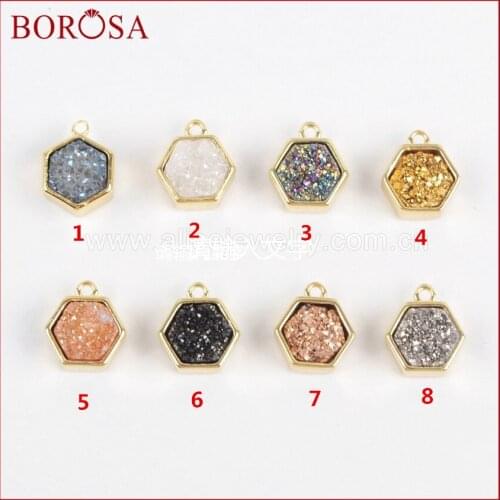 BOROSA Fashion Hexagon Gold Color Bezel Natural Stone Titanium Rainbow Charm Beads Druzy Pendant for Jewelry Making ZG0139