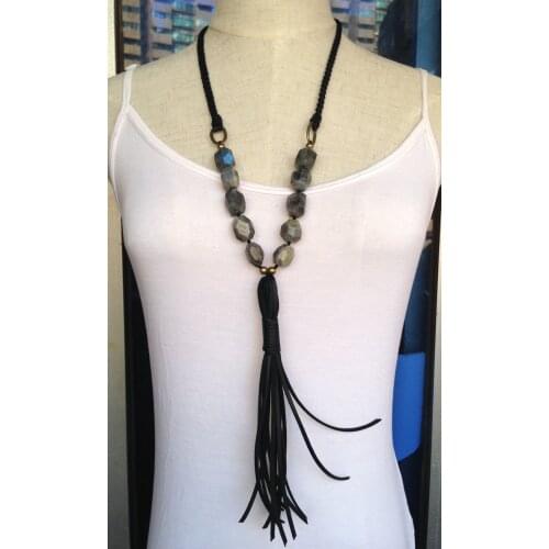 YA2332 Labradorite Faceted Chunky Beads Leather Tassel Handmade Necklace 30inch