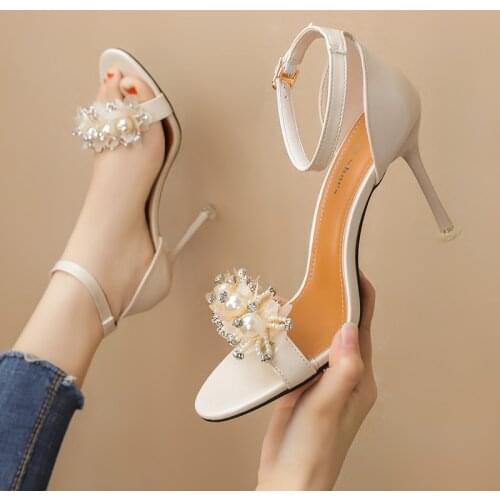 Women sandals PU Buckle Strap 9CM Thin Heels High heels Round Toe Rhinestones Bling Shallow sandal women shoes size 35-42