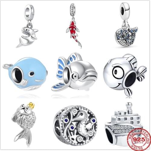 New 925 Sterling Silver Ocean Series Dolphin Shark Seahorse Ship Charm bead Fit Original Pandora Bracelet DIY Jewelry For Women