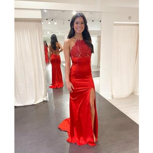 Elegant Halter Neck Long Red Mermaid Evening Dresses with Slit Satin Floor Length Zipper Back Formal Party Dresses for Women