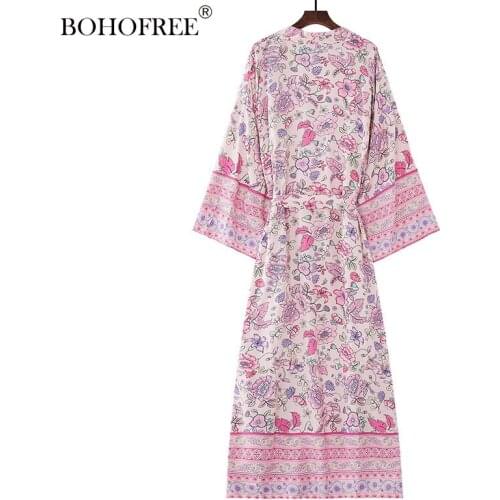 Bohemian Open Stitch Long Pink Kimono Robes Dress Botanicl Floral Print Rayon Cotton Hippie Vestidos Femme Maxi Dresses Women
