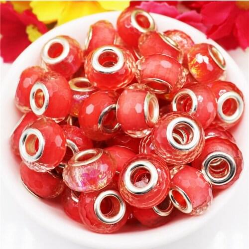 10Pcs Red Color Faceted Acrylic Murano Charm 5mm Big Hole Spacer Beads Silver Plated Cores Fit Pandora Bracelet Necklace Jewelry