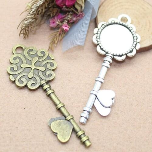 100pcs 7.3*2.8cm Bronze and Silver Color Key Style 20mm Cabochon Base Cameo Setting Charms Pendants DIY Jewelry Finding