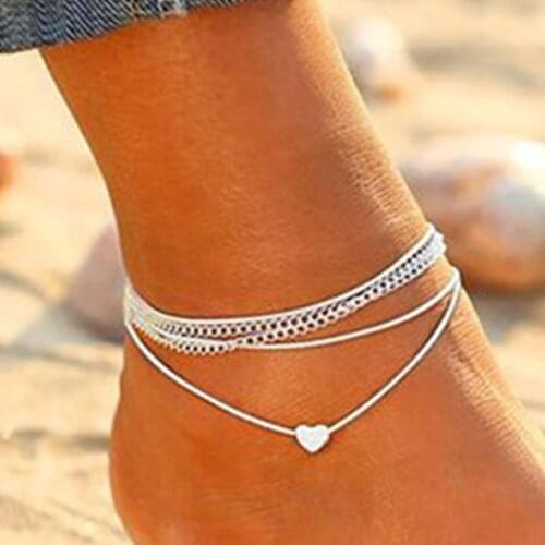 2PCS/Set Anklets Bohemian Heart-Shaped Peach Doub-Lelayer Foot Chains For Womens 2021 Summer Beach Watermelon Footwear Jewelry