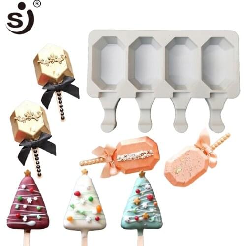 2021 New 4 Cavity Polygon Silicone Ice Cream Mold DIY Homemade Popsicle Molds Freezer Juice Ice Cream Makers Moulds Tool