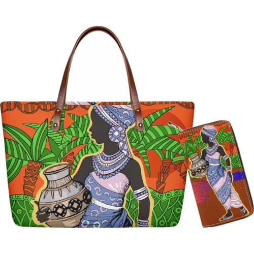 African Traditional Tribal Black Women Printable Design Practical Handbags Big Tote Shoulder Bag Leather Wallet National Style