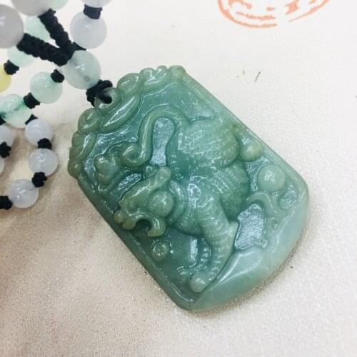 Pure natural Emerald jade Hand-carved large oil green zodiac tiger pendant with emerald three-color bead necklace sweater chain