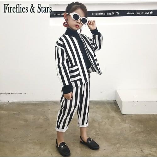 Spring Autumn girls 2 pcs set baby jacket + pants kids suit children streetwear clothes white black vertical striped 3 to 8 yrs