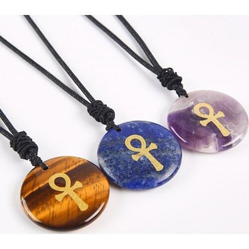 Egyptian Ankh Cross Engraved Round Stone Life Symbol Amulet Pendant Necklace Adjustable Short Long Chain Necklaces For Women Men