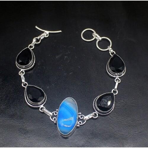 Gemstonefactory Jewelry Big Promotion Single Unique 925 Silver Blue Botswana Agate Onyx Lady Women Charm Bracelet 20cm 20213284