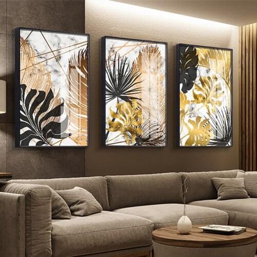 Canvas Prints Golden Leaf Poster Abstract Style Home Decoration Nordic Pictures Wall Art Modular Bedside Background Painting
