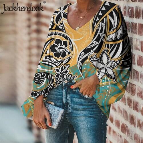 Jackherelook Casual Spring Blouse Polynesian Tribal Hawaiian Turtle Hibiscus Print Large Size Tops Women Casual V Neck Shirts