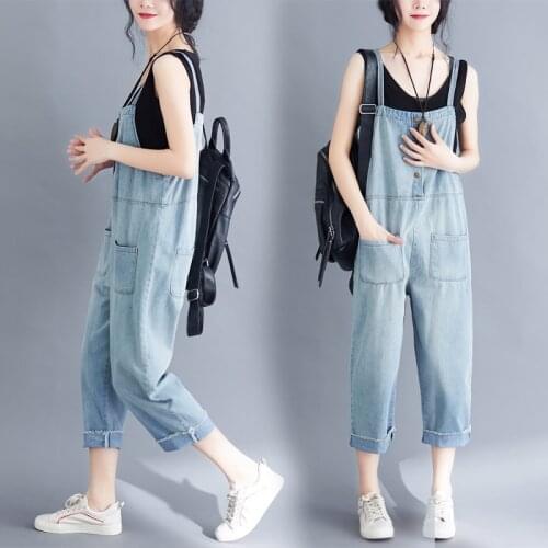 Summer Spaghetti Strap Jean Jumpsuit For Ladies Washed Jumpsuits Pocket Loose Causal Denim Overalls Women Dungarees OS099