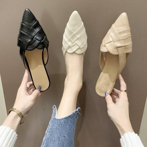 Fashion Low Heel PU Weave Mules Slippers Pointed Toe Outdoor Casual Slides Chunky Heel Sandals Korean Pumps Beach Shoes