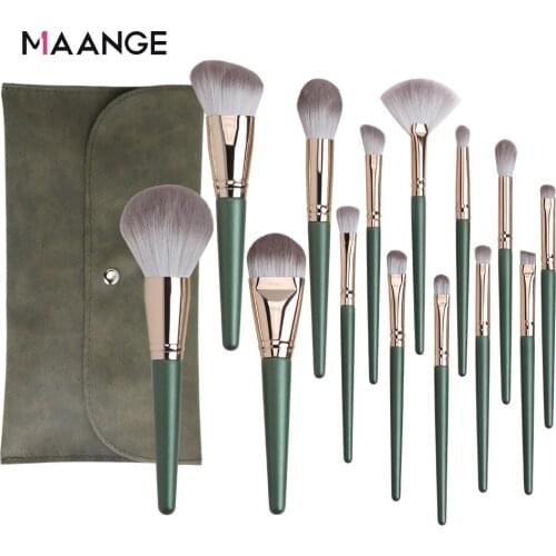 MAANGE 14pcs Makeup Brushes Set Green Large Loose Powder High Gloss Eyeshadow Foundation Contour Synthetic Hair Cosmetic Tools