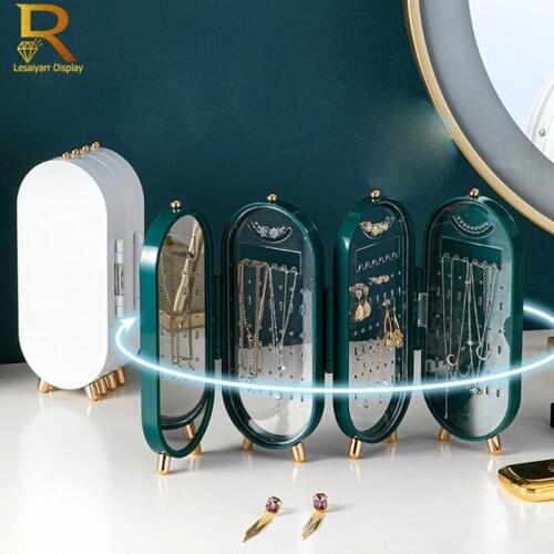New Plastic Large Jewelry Box Organizer 4 Fan Storage Case Necklace Earrings Ring Mirror Display Desktop Jewel Holder