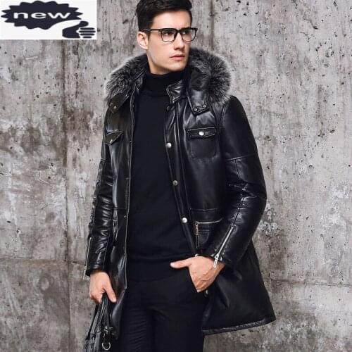 Winter New Zipper Pockets Mens Slim Fit Long Coats Male Hooded Sheepskin Genuine Leather Warm Overcoats Fur Collar Large Size