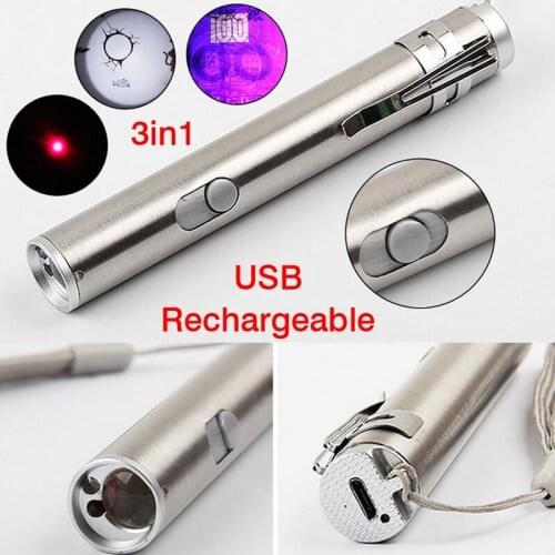 New 3 in1 Mini USB Rechargeable LED Laser UV Torch Pen Flashlight Multifunction Lamp MUMR999