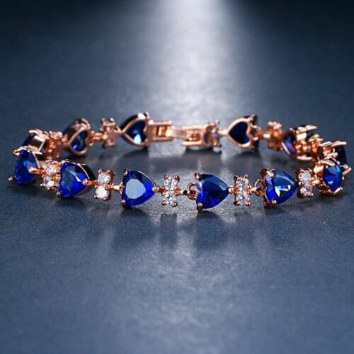 ORZTOON Vintage Charm Blue Lovely Heart Zircon Bracelets for Women Luxury Gold Color Brass Chain Bracelet Trendy Wedding Jewelry