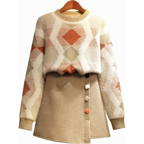 Autumn and winter plus size womens new fashion rhombic knit sweater + mini skirt set body slimming two-piece suit TB190223