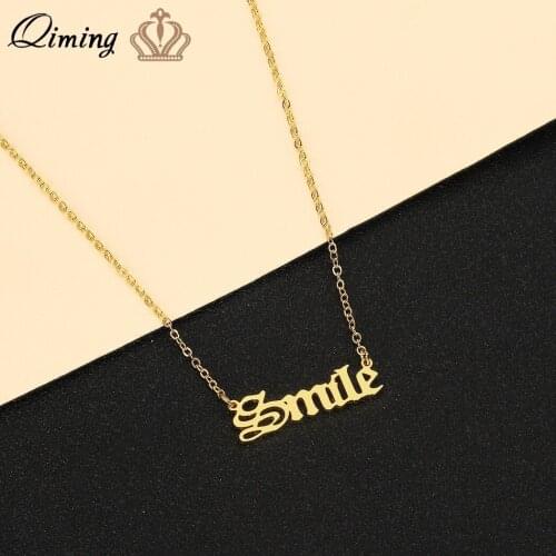QIMING Happy Smile Necklace For Women Ladies Gold Plated English Letter Fashion New Brand Necklaces & Pendants Gift